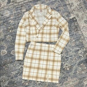 No Boundaries Plaid Blazer and Skirt Set - Cream and Brown